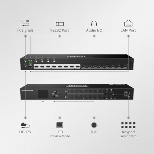 TESmart 8x8 HDMI Matrix (8 in 8 out): 1080p@60Hz, Seamless Switching(100ms), Quad-View, 4 Independent Audio. IR Control/Panel/LAN/RS232 LCD Display For Broadcast/Pro AV