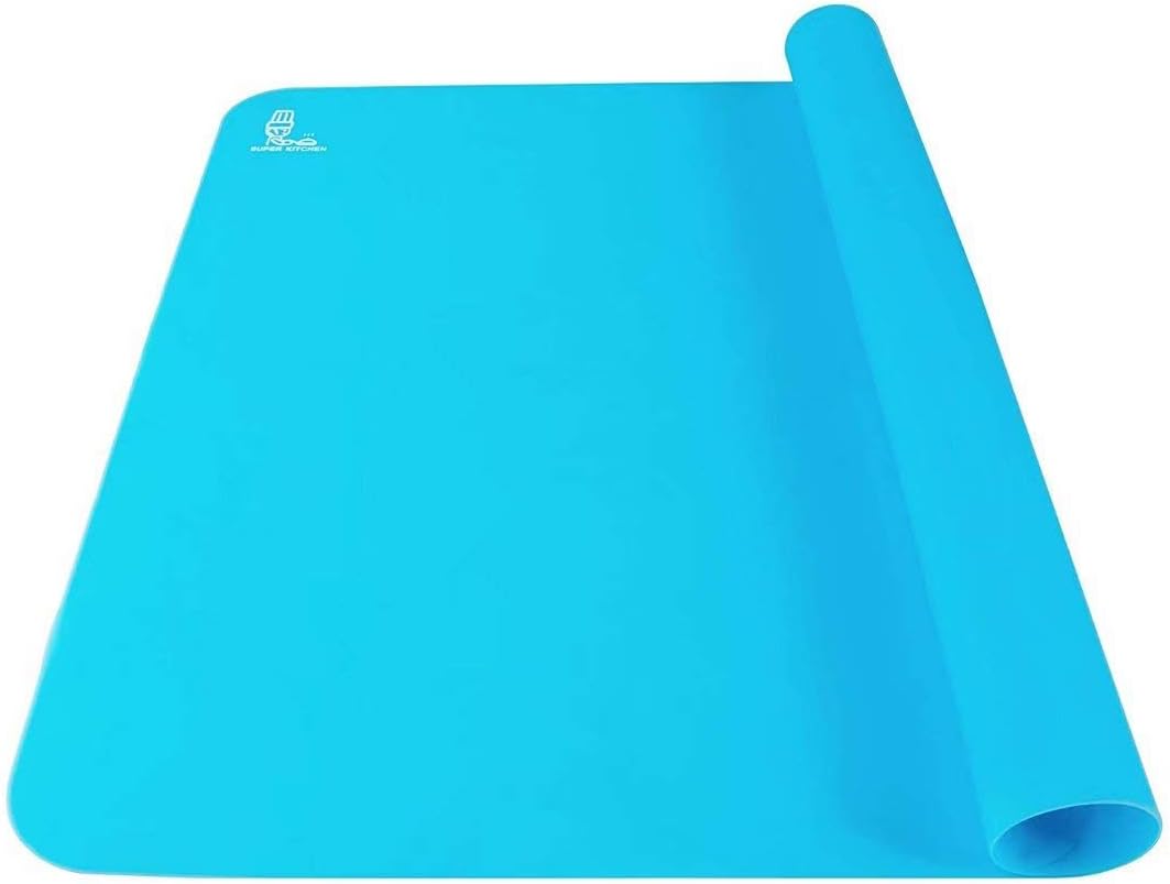 SUPER KITCHEN Antihafte rutschfeste Backunterlage/Backmatte Silikon Groß 60x40cm Ausrollmatte Teigmatte Silikonmatte Backfolie Arbeitsmatte für Fondant Gebäck Pizza Matte, BPA Frei, （Blau）