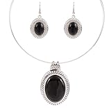 QIYUN.Z (TM) Chunky Oval Turquoise Tibet Silver Pendant Torque Necklace Earrings Choker Set