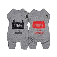 Fitwarm 2-Pack Daddy Mommy is My Superhero Pet Clothes for Dog Pajamas Onesies Cat Jumpsuits PJS Cotton Grey Small