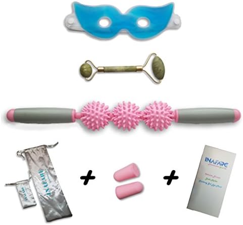Jade Roller - Gel Eye Mask - Cellulite Blaster | Spa Kit | Relaxing Face Skincare Therapy Aging Reducer | Cold Puffiness Headache Relief | Body Massage Muscle Roller | BONUS Ear Plugs + Satin Bags
