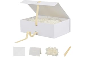 BOXSKIVRA Skivra Large White Gift Box with Ribbon - 1 Pack, 13x9x4 Inch Rectangle Collapsible Luxury Box with Lid and Magnetic Closure for Weddings, Shredded Paper Filler & Card