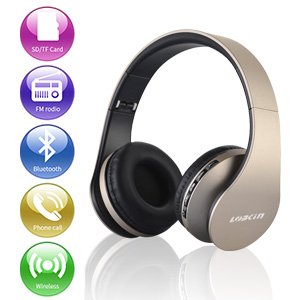 Cuffie Bluetooth LOBKIN Auricolari Stereo con Microfono Bluetooth 4.1 Pieghevole Over-Ear Senza Fili Cuffie con Microfono Ricaricabile Riduzione del Rumore Interno Supporto SD/TF Card (oro-negro)