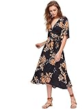 Milumia Women's Boho Deep V Neck Floral Chiffon Wrap Split Long Dress Black XL