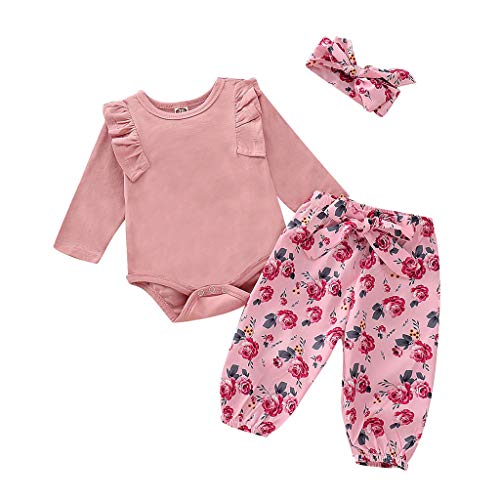 3 Piece Newborn Infant Kid Baby Girl Floral Clothes Jumpsuit Romper Bodysuit Tops Pants Headbands Outfit (Red, 6-12 Months)
