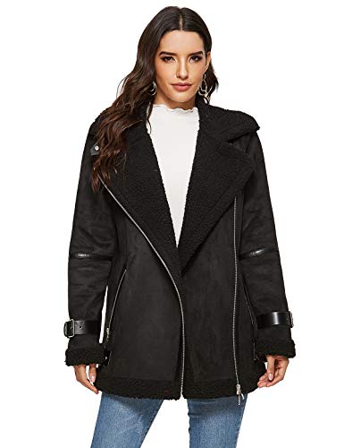 Escalier Women's Winter Lapel Faux Suede Leather Jacket with Sherpa Fleece Lining Black XL - Thumbnail 7