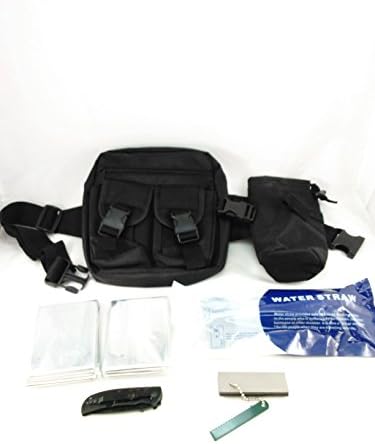 Emergency Survival Essential Kit- Water Filter Straw Folding Knife Magnesium Fire Starter Mylar Blanket with Waist Bag, Personal Prepper Preparedness Gear, Compact Size Bug Out Bag for Car and Home