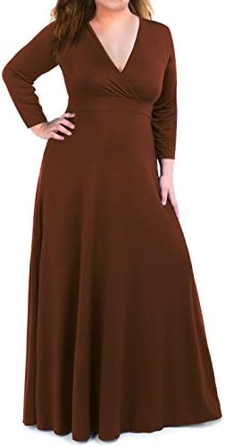 Moonlisa Plus Size Maxi Dress For Women With 3/4 Sleeves Deep V Neck Solid Color Wedding Evening Party Dress (XX-Large, Coffee)