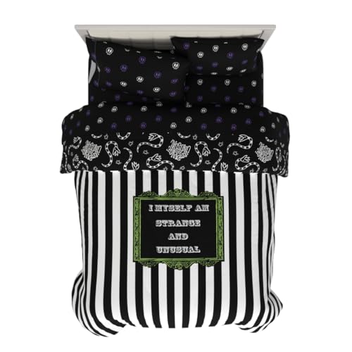 Franco Comforter and Sheet Set, Microfiber, Black & White-Beetlejuice, 5 Piece Queen Size