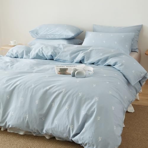 Lanqinglv Bettwäsche 135x200 Baumwolle Blau Weiß Blätter,Leinenoptik
