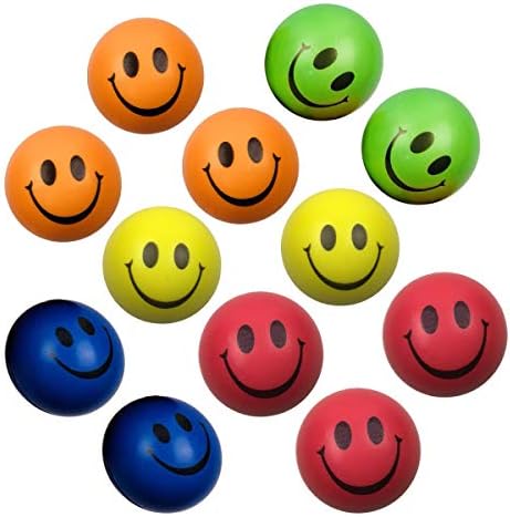 Jofan 12 Piece Smile Stress Balls 2.5" PU Neon Colored Smiley Face Happy Ball Toys for Kids Stress Reliver Stocking Stuffers Party Favors