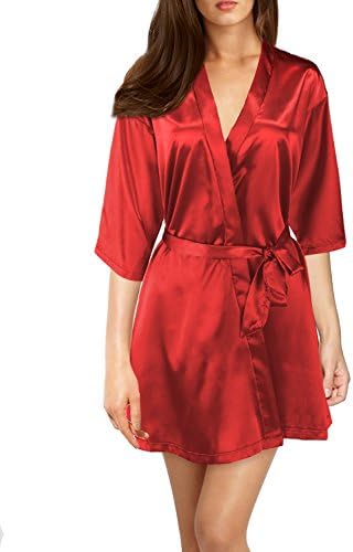 Mulysaa Women’s Kimono Robes With Oblique V-Neck 3/4 Sleeves Short Satin Bridesmaid Robes (Small, Red)