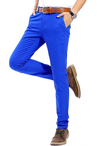 INFLATION Mens Slim Tapered Stretch Flat Front Casual Pants 100% Cotton Dress Pants Trousers for Men,22 Color Choices,Blue Pants Size 40 - Thumbnail 4