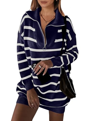 ANRABESS WOMEN'S CASUAL STRIPED SWEATER DRESS OVERSIZED HALF ZIP KNITTED  LONG SLEEVE LOOSE 2024 FALL WINTER SHORT MINI DRESS BLUE WHITE S - Korting  Discount Outlet