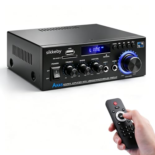 HiFi Verstärker mit Bluetooth AK45 | Mini Stereo Empfänger Audio Audioverstärker 2.0 Kanal 40W × 2 | Karaoke Mikrofon | USB SD FM | Bass Höhenregler |