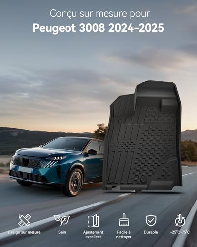 3W Peugeot 3008 III 2024-2025 2026 (NOT ELECTRIC/EV) Easy To Clean All Weather Floor Mats in Thorex Non-Slip Waterproof Car Boot Mat for 3008 Phase 3