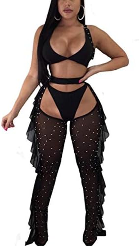 Yeshire Women's Sexy 2 Pieces Outfit See Through Crop Top and Pants Sets Mesh Backless Jumpsuits Clubwear