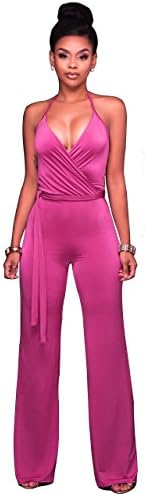 Women's Sexy Open Back Halter Neck Wide Leg Long Pants Jumpsuits Rompers Rose XL