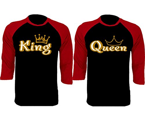 GOLD KING AND QUEEN BASEBALL SHIRTS COUPLE MATCHING RAGLAN 3/4 SLEEVE T-SHIRTS-Black/Red-Medium-(KING ONLY)