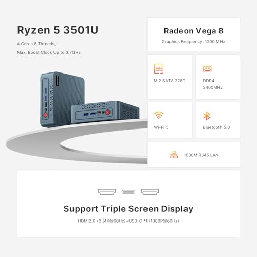 BOSGAME E2 Air 3501U Ryzen 5 Mini PC 8G DDR4 256G SATA SSD Triple Display | Up to 3.7 GHz mini desktop, HDMI 2.0, USB-C, Wi-Fi 5 – perfect for meeting rooms and home offices.