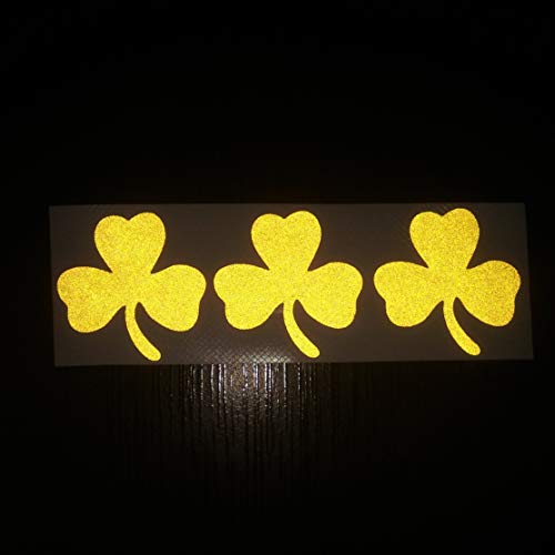 3x Gold Shamrock 3-Leaf Clover 2" Golden Wealthy Lucky Reflective Decal Decals Vinyl Sticker Safety Night for Motorcycle Bike Bicycle Car Helmet Trunk Tailgate Mobile Phone Laptop Notebook Window