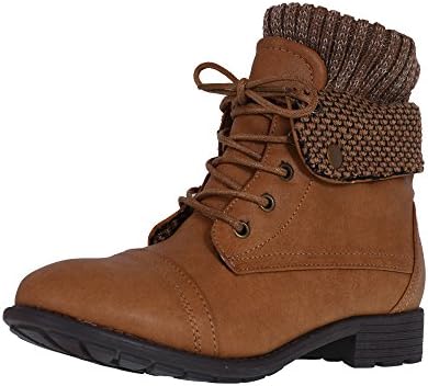 CA Collection Girl's Sweater Knit Cuff Combat Boots, Cognac, 12 M US Little Kid