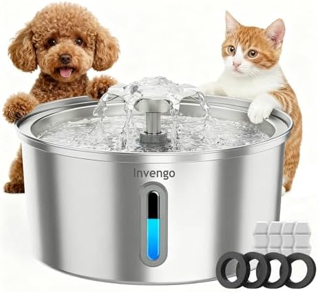 Fontaine a Eau Chat, Fontaine à Eau pour Chat INOX 3,2L avec Bec en Forme de Fleur - Idéale pour Chats et Petits Chiens, Inclut 4 Filtres et Fenêtre de Niveau d'eau