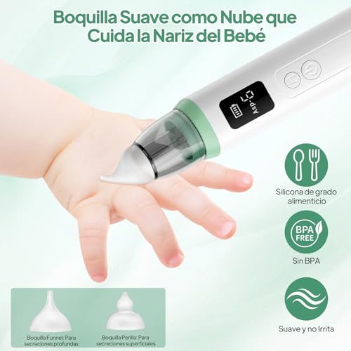 Aspirador Nasal para Bebés, Saca Mocos para bebe con 6 Niveles de Succión Ajustables, 6 Cabezales de Silicona, Extractor de Mocos para Bebe con Música y Carga USB, Incluye Kit de Cortaúñas para Bebé