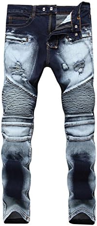 Robin Santiago Men's Ripped Biker Jeans Pants With Holes Washed Distressed Motorcycle Denim Trousers Plus Size 28-42 Blue 34