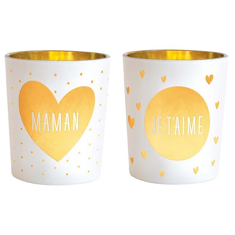 DRAEGER - Candleholder - Glass candleholder to offer as a gift to your loved ones - Candleholder in White and Gold Glass - 2 Candleholders H6,5 x L4,5 cm message mom/I love you