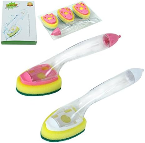 2Sets Automatic Liquid Scrubbing Dishwand,Sponge Brush Head, PP Handle, Simple and Clean Scrubber, Keep Hands Out Off The Mess (Pink)