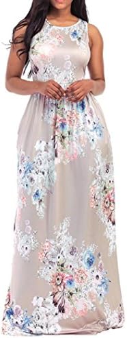 Lamolory Women's Maxi Dress Floral Printed Summer Sleeveless Casual Tunic Long Maxi Dress (Beige, XXL)