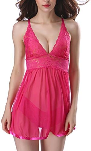 Miss Enigma Women Babydoll Lingerie Set Nightwear Lace Chemise For Baby Rose Red L