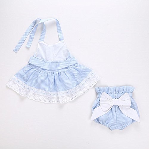 AMA(TM) Newborn Infant Baby Girls Summer Bowknot T-Shirt +Shorts +Headband Outfits Clothes Set (6-12M, Light Blue)