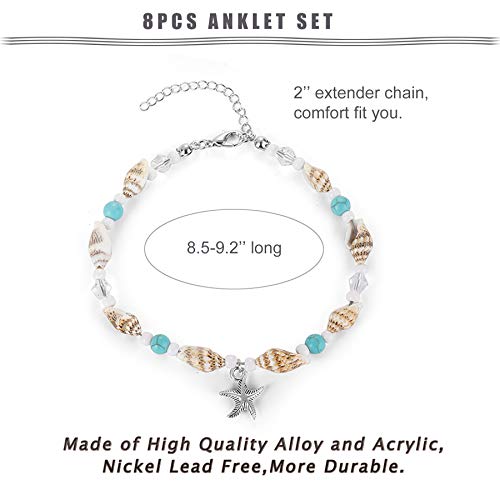 FUNRUN JEWELRY 8PCS Starfish Turtle Shell Anklet for Women Girls Handmade Multilayer Anklet Bracelet Adjustable Beach Foot Jewelry