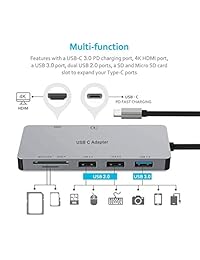 7 en 1 USB C multipuerto puerto puerto incluyendo USB C puerto de carga, 3 USB (1 PC 3.0 + 2 PC 2.0) puertos, salida HDMI 4K, ranura para tarjeta TF Micro SD, ranura para tarjeta SD