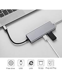 MixMart - Adaptador de USB C para MacBook Pro Air 2018 2017 2016, 13 pulgadas, Windows XP 2003 2000 7 8 10, 6 en 1, USB C de 5 Gbps, Gigabit LAN, lector de tarjetas Micro SD SD, 3 puertos USB 3.0