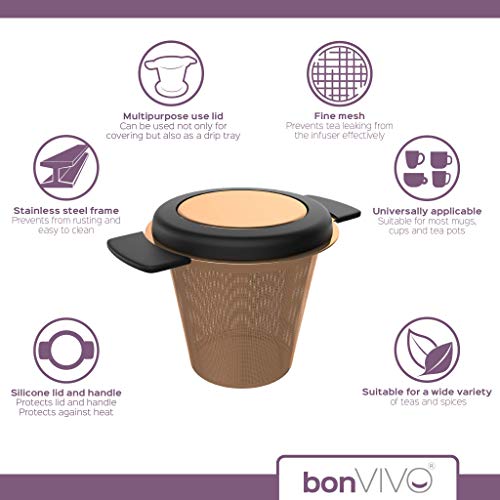 bonVIVO Puri Stainless Steel Tea Infusers for Loose Tea, Tea Strainer for Teapots or Cups, & Functional, Copper-look Mesh Tea Maker Filter with Black Lid