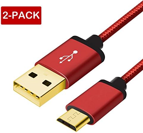 [2-Pack] Benicabe 6ft / 1.8m Nylon Braided Tangle-Free Micro USB Cable with Gold-Plated Connectors and Velcro Straps for Android, Samsung, HTC, Nokia, Sony and More (Red)