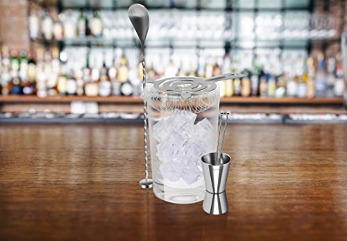 Crystal Cocktail Mixing Glass Bar Set: 700ml Thick Wall Lead-Free Mixing Glass | Stainless Spiral Bar Spoon w/Muddler | Cocktail Strainer | 0.5oz / 1oz Jigger. Great Gift & Shaker Alternative!