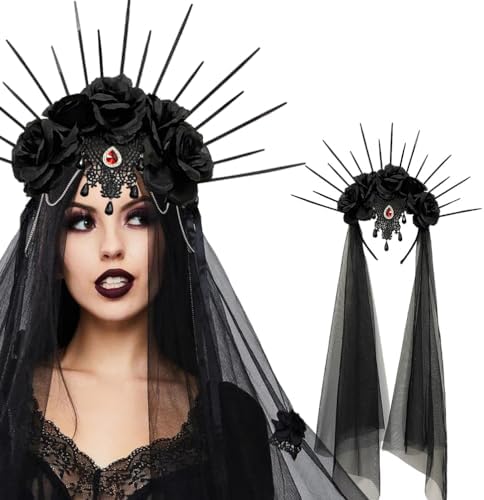 Diadema Día De Muertos Con Velo Floral Y Rosas Rojas | Halloween Y Fiestas