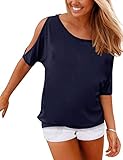 Haola Women's Summer Casual T Shirts Cold Shoulder Short Sleeve Blouse Solid Cute Tops M NavyBlue