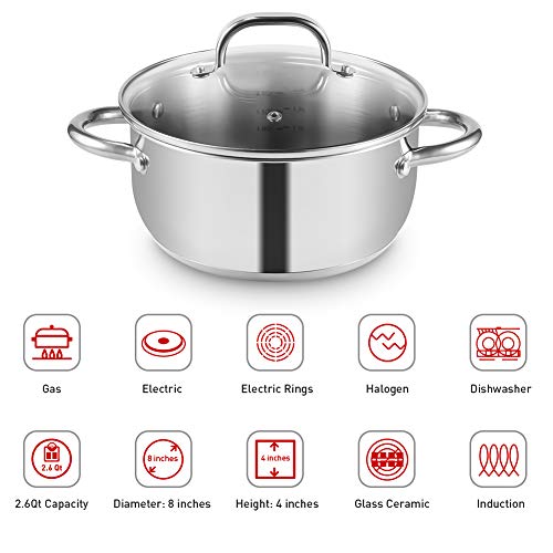 iSiLER 2.6 Quarts Stainless Steel Stock Pot with Lid, Multi-purpose Cooking Pot Suitable for Induction Cooker or Gas Cooker