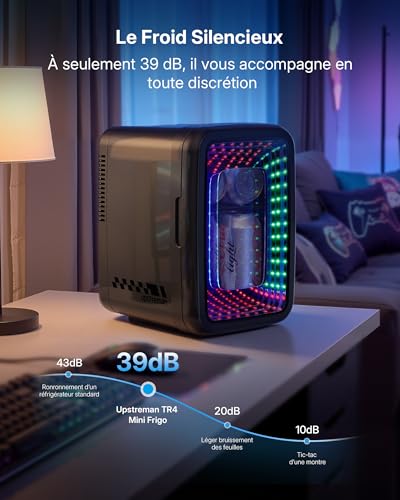 Upstreman Mini Fridge for Bedroom, 4 Liter/6 Cans, Mini Fridge with Infinite Lights, Cooling, 12V/220V, Mini Gaming Fridge for Game Room, Dorm, Car, Black, TR4-S
