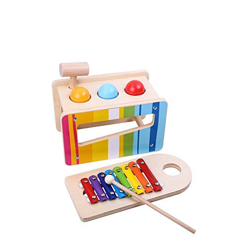 TookyToy Pound and Tap Bench with Slide Out Xylophone - Wooden Toddlers Musical Pounding and Hammer Educational Toy - Simple Baby Toys Educational & Sensory Learning for 1, 2 & 3 Year Olds