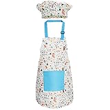 Jennice House Kids Apron and Chef Hat Set, Cute Children Baking Aprons with Adjustable Neck Strap and Pockets for Girls Boys Cooking Baking Painting Gardening in 2 Sizes (Blue Animals, Small)