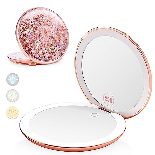 B Beauty Planet 25X Magnifying Mirror with Light,25X/1X Compact Mirror with Light, Bling Quicksand Travel Lighted Makeup Mirror, Portable, Rechargeable, Dimmable，4.8Inches（Rose Gold）