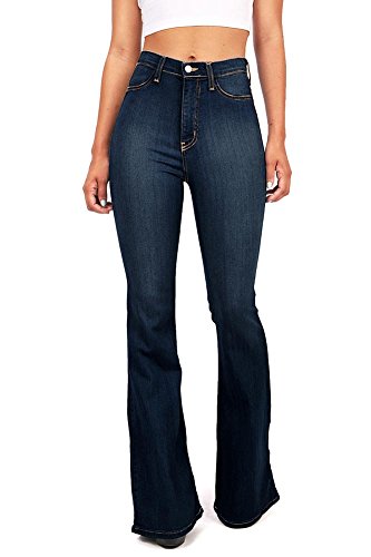 Vibrant Women's Juniors Bell Bottom High Waist Fitted Denim Jeans (Size 13; Super Dark Denim)