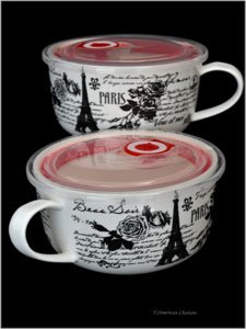 Retro Set 2 French Paris Eiffel Tower Black White Latte Mug Soup Bowls with Lids