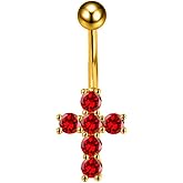 Niaspi Dainty Cross Belly Button Ring Red Crystal CZ Cross Stainless Steel Belly Navel Piercing Barbell Rings Internally Threaded Belly Body Jewelry